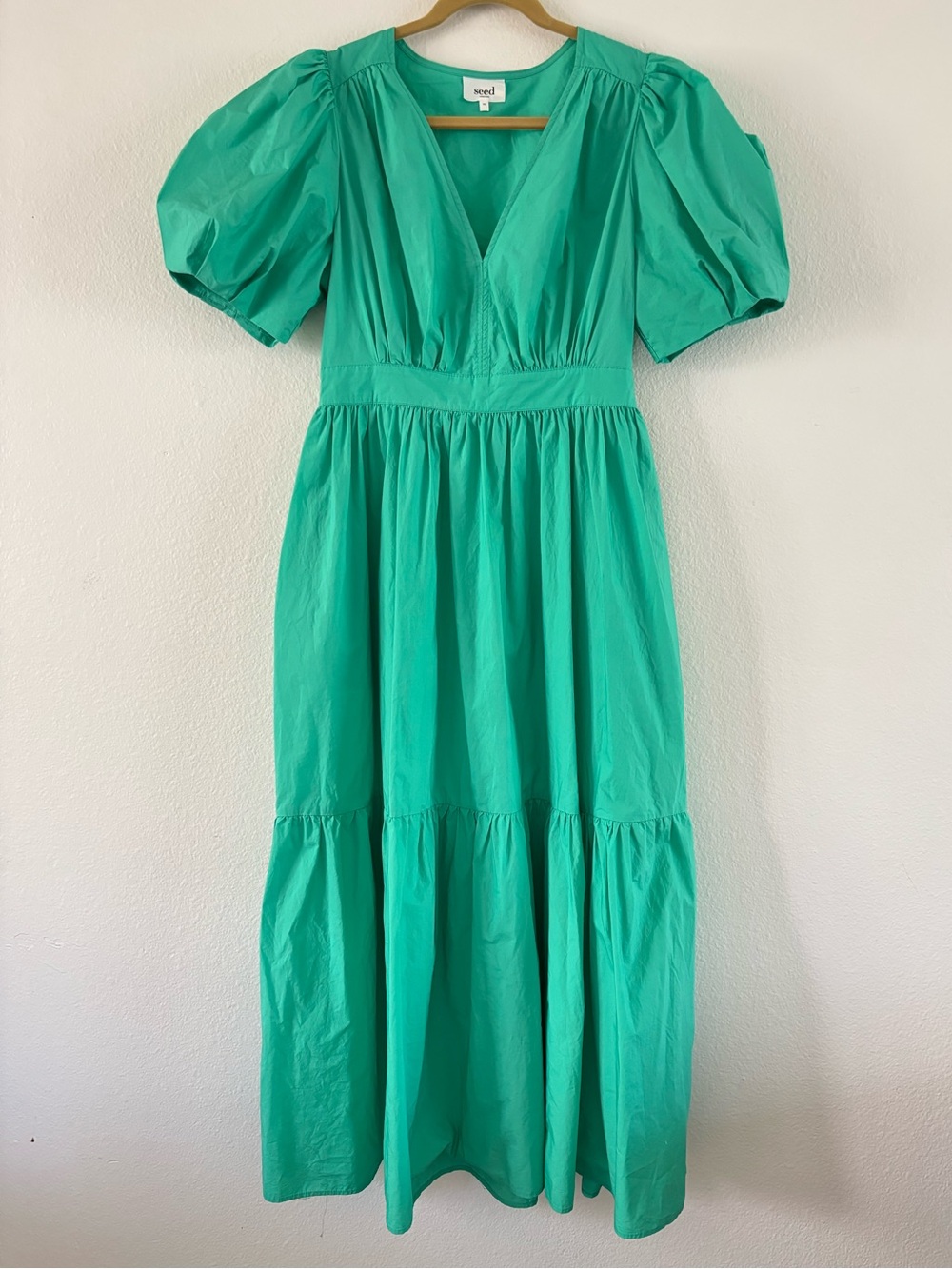 Seed Heritage Poplin Waisted Maxi Dress Jade Green Puff Sleeve V-Neck Size: US 8 - Picture 3 of 16